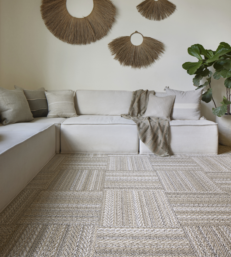 FLOR Skipping Rope living room area rug shown in Pearl